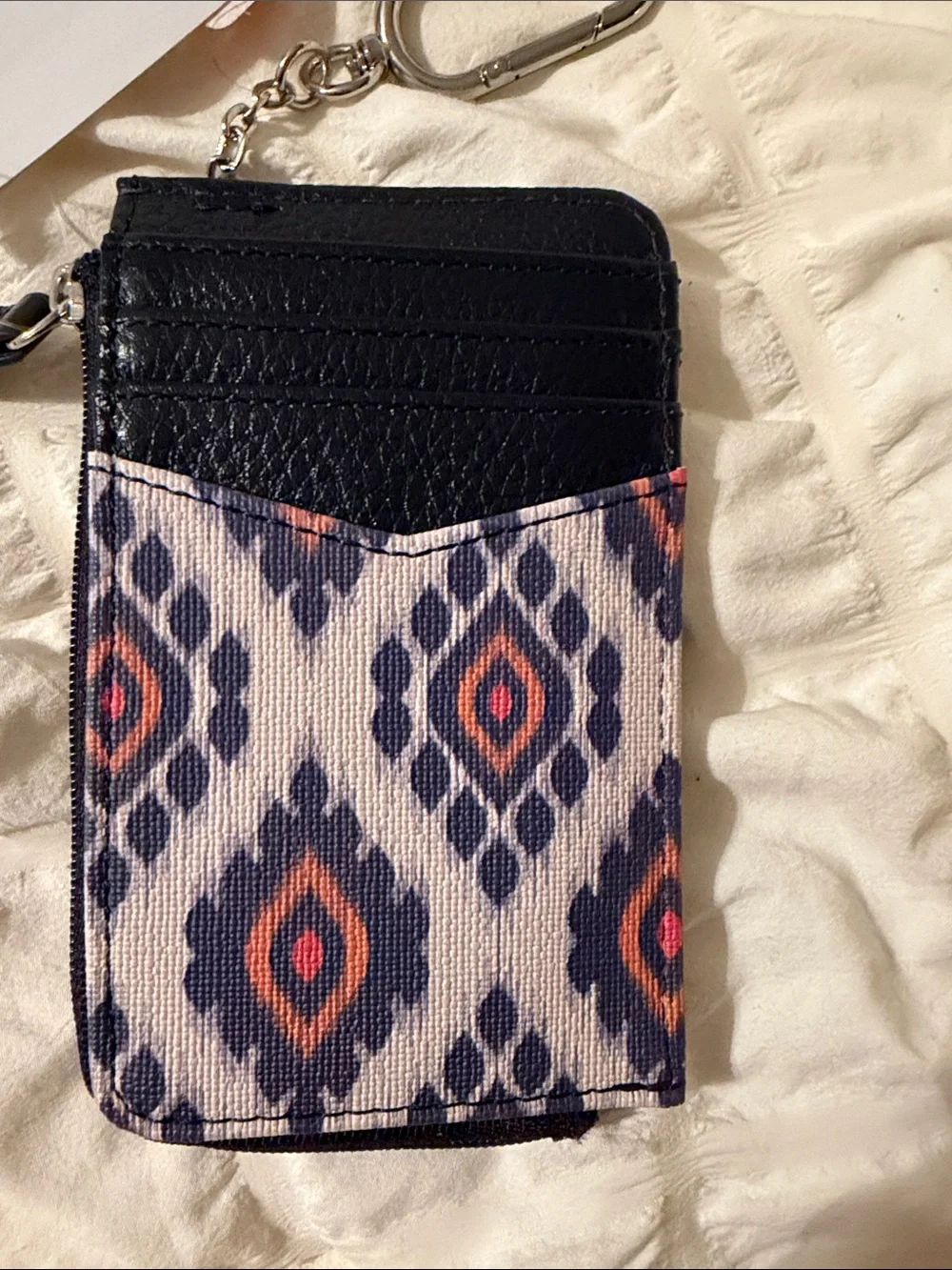 Nordstrom Navy Leather Key & Patterned Card Holder with Orange Accents